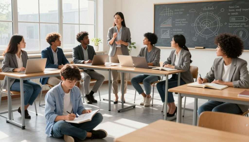 A serene classroom filled with natural light streaming through large windows, showcasing a diverse group of individuals in professional attire engaged in various learning activities. In the foreground, a young person sits cross-legged on the floor, deeply focused on a sketchbook, symbolizing a beginner’s mindset. The middle layer captures a teacher, gesturing thoughtfully as they guide a small group at a table, surrounded by open books and digital devices. In the background, a chalkboard filled with diagrams and inspirational quotes emphasizes continuous learning and growth. The atmosphere is vibrant, with warm lighting enhancing the sense of curiosity and motivation, inviting viewers into an environment where knowledge and skills are actively sought and shared. A serene classroom filled with natural light streaming through large windows, showcasing a diverse group of individuals in professional attire engaged in various learning activities. In the foreground, a young person sits cross-legged on the floor, deeply focused on a sketchbook, symbolizing a beginner’s mindset. The middle layer captures a teacher, gesturing thoughtfully as they guide a small group at a table, surrounded by open books and digital devices. In the background, a chalkboard filled with diagrams and inspirational quotes emphasizes continuous learning and growth. The atmosphere is vibrant, with warm lighting enhancing the sense of curiosity and motivation, inviting viewers into an environment where knowledge and skills are actively sought and shared.