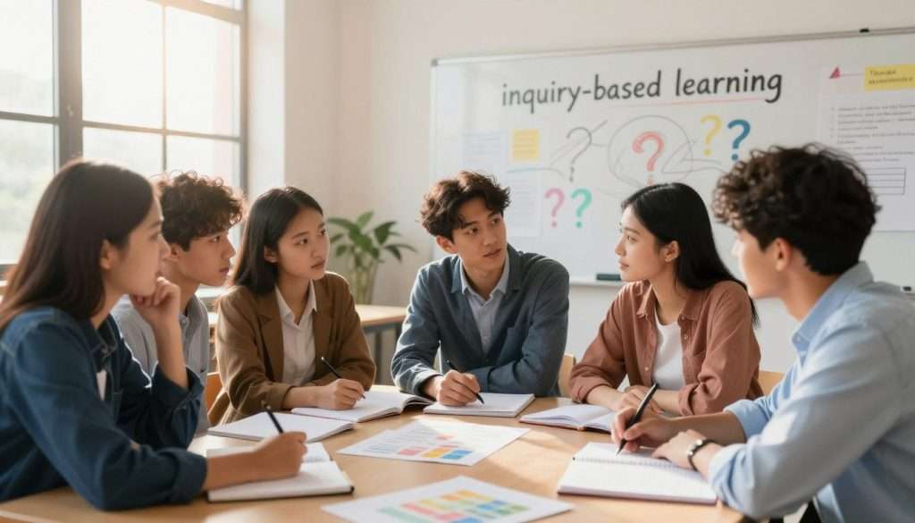 A serene classroom scene portraying "inquiry-based learning." In the foreground, a diverse group of five students of various ethnicities is engaged in discussion, leaning over a table filled with open notebooks and research materials, dressed in smart casual attire. The middle ground features a whiteboard filled with colorful diagrams and questions, symbolizing curiosity and exploration. In the background, sunlight streams through large windows, casting a warm glow that enhances the atmosphere of openness and collaboration. The lighting highlights the engaged expressions on the students' faces, conveying a sense of enthusiasm and the courage to ask questions. The overall mood is inviting and inspiring, emphasizing the importance of nurturing inquisitive minds in a supportive educational environment. A serene classroom scene portraying "inquiry-based learning." In the foreground, a diverse group of five students of various ethnicities is engaged in discussion, leaning over a table filled with open notebooks and research materials, dressed in smart casual attire. The middle ground features a whiteboard filled with colorful diagrams and questions, symbolizing curiosity and exploration. In the background, sunlight streams through large windows, casting a warm glow that enhances the atmosphere of openness and collaboration. The lighting highlights the engaged expressions on the students' faces, conveying a sense of enthusiasm and the courage to ask questions. The overall mood is inviting and inspiring, emphasizing the importance of nurturing inquisitive minds in a supportive educational environment.