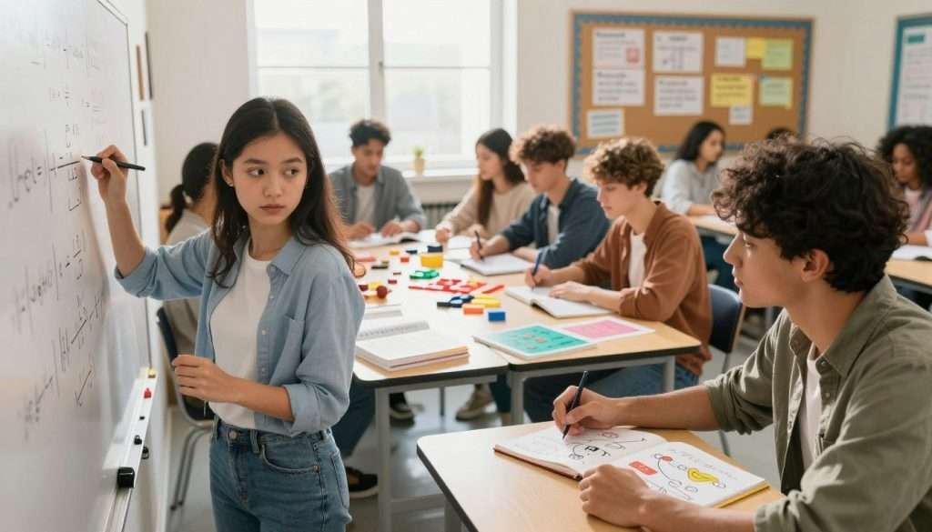 A serene classroom scene with diverse students engaged in problem-solving activities. In the foreground, a focused young woman in business casual attire is solving equations on a whiteboard, her facial expression reflecting determination. Beside her, a young man is writing notes in a notebook filled with colorful diagrams and mathematical concepts. In the middle ground, a diverse group of students collaborates at a large table covered with math textbooks, colorful charts, and manipulatives for visual learning. The background features a bright window with sunlight pouring in, highlighting a bulletin board filled with math strategies and inspirational quotes. The atmosphere is energetic and supportive, conveying a sense of teamwork and mastery in math. Soft, natural lighting enhances the collaborative spirit of the scene. A serene classroom scene with diverse students engaged in problem-solving activities. In the foreground, a focused young woman in business casual attire is solving equations on a whiteboard, her facial expression reflecting determination. Beside her, a young man is writing notes in a notebook filled with colorful diagrams and mathematical concepts. In the middle ground, a diverse group of students collaborates at a large table covered with math textbooks, colorful charts, and manipulatives for visual learning. The background features a bright window with sunlight pouring in, highlighting a bulletin board filled with math strategies and inspirational quotes. The atmosphere is energetic and supportive, conveying a sense of teamwork and mastery in math. Soft, natural lighting enhances the collaborative spirit of the scene.