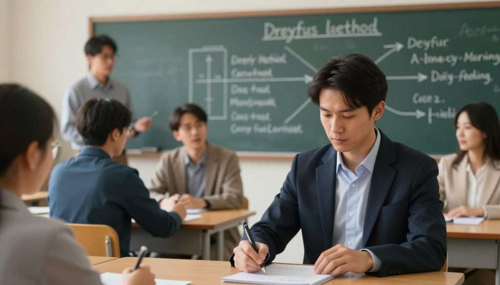 A serene classroom setting embodies the concept of mastery learning, showcasing a diverse group of professionals deeply engaged in skill acquisition through the Dreyfus Method. In the foreground, a focused individual in professional attire demonstrates a complex technique, with their expression reflecting concentration and determination. In the middle ground, colleagues collaborate, exchanging ideas and feedback, their expressions conveying encouragement and support. The background features a large chalkboard filled with diagrams and structured notes illustrating different skill levels. Warm, soft lighting casts a positive atmosphere, while a slight depth of field adds focus to the foreground activity. The composition conveys an inspiring sense of dedication, growth, and the journey toward expertise in a nurturing educational environment.