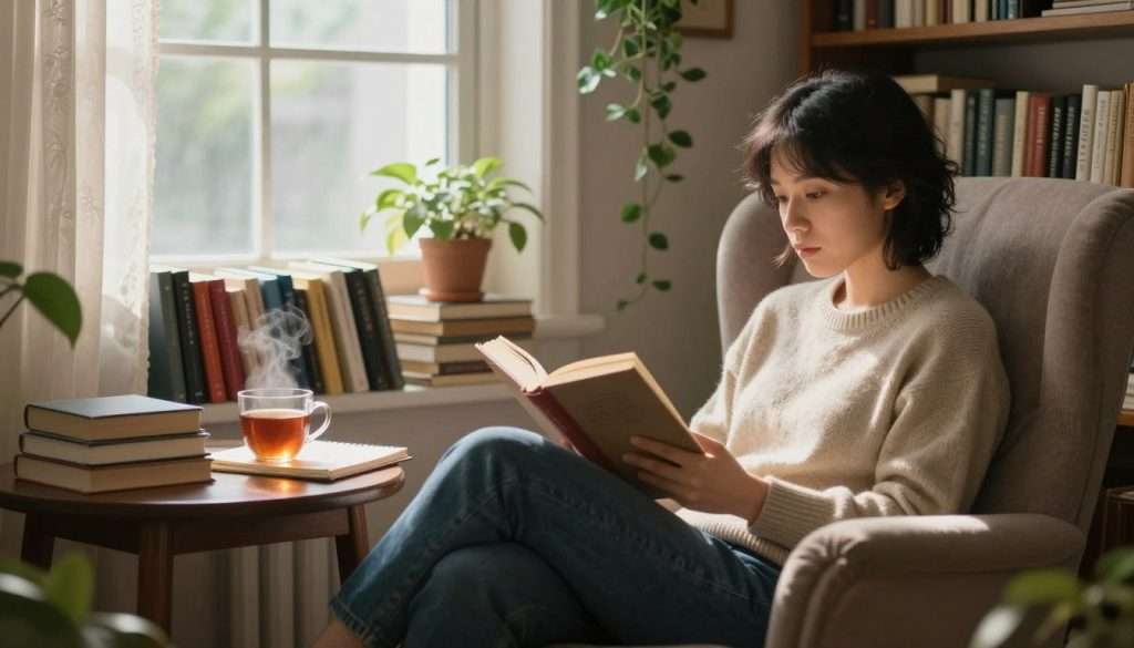 A serene, cozy reading nook filled with soft, warm light filtering through a large window adorned with delicate curtains. In the foreground, a person sitting comfortably in a plush armchair, deeply engrossed in a well-worn book, conveying concentration and immersion. They wear modest casual clothing – a sweater and jeans – and their expression reflects curiosity and introspection. In the middle, a small wooden side table holds a steaming cup of tea, a notebook, and a colorful stack of books, hinting at deep synthesis and reflection. In the background, there are shelves lined with an array of diverse titles and plants gently cascading, creating a tranquil atmosphere conducive to focused reading. The overall mood is peaceful and introspective, emphasizing the art of deep reading rather than volume. A serene, cozy reading nook filled with soft, warm light filtering through a large window adorned with delicate curtains. In the foreground, a person sitting comfortably in a plush armchair, deeply engrossed in a well-worn book, conveying concentration and immersion. They wear modest casual clothing – a sweater and jeans – and their expression reflects curiosity and introspection. In the middle, a small wooden side table holds a steaming cup of tea, a notebook, and a colorful stack of books, hinting at deep synthesis and reflection. In the background, there are shelves lined with an array of diverse titles and plants gently cascading, creating a tranquil atmosphere conducive to focused reading. The overall mood is peaceful and introspective, emphasizing the art of deep reading rather than volume.