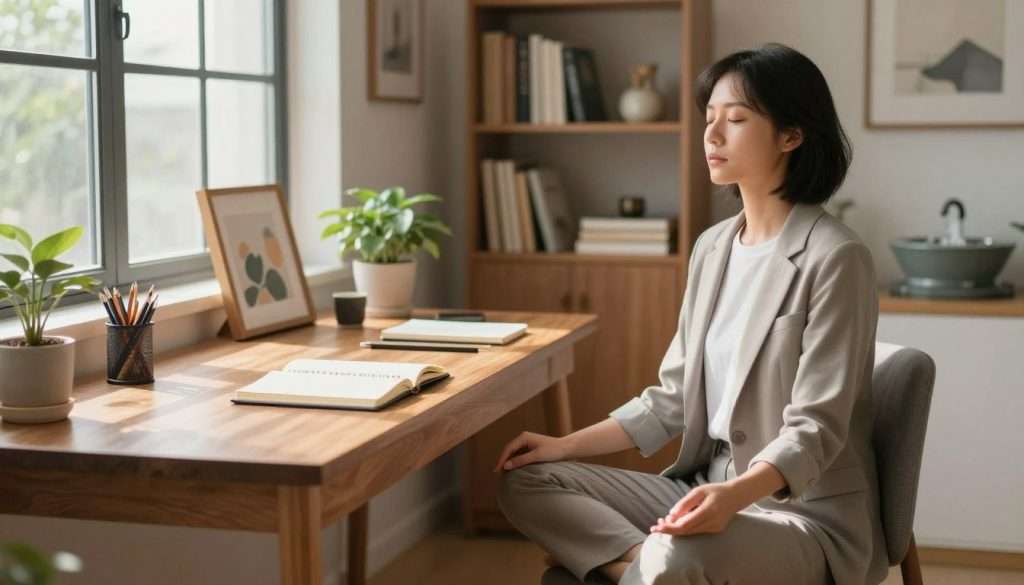 A serene home office setting designed for mental focus techniques. In the foreground, a person seated at a sleek wooden desk, dressed in professional casual attire, practicing mindfulness with closed eyes and hands resting on their knees. Soft, natural light filters through a large window, casting gentle shadows. In the middle ground, a neatly organized workspace featuring a journal, a plant, and calming artwork that promotes concentration. The background shows a cozy bookshelf filled with motivational books and a subtle indoor fountain, adding tranquility to the atmosphere. The scene emphasizes a peaceful and productive environment, ideal for enhancing focus. The overall mood is inspiring and focused, inviting viewers to learn techniques for improved concentration. A serene home office setting designed for mental focus techniques. In the foreground, a person seated at a sleek wooden desk, dressed in professional casual attire, practicing mindfulness with closed eyes and hands resting on their knees. Soft, natural light filters through a large window, casting gentle shadows. In the middle ground, a neatly organized workspace featuring a journal, a plant, and calming artwork that promotes concentration. The background shows a cozy bookshelf filled with motivational books and a subtle indoor fountain, adding tranquility to the atmosphere. The scene emphasizes a peaceful and productive environment, ideal for enhancing focus. The overall mood is inspiring and focused, inviting viewers to learn techniques for improved concentration.
