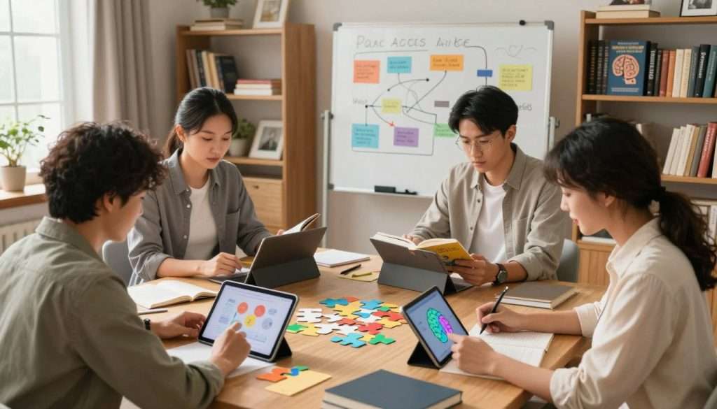 A serene home office setting illuminated by soft natural light, showcasing a warm and inviting workspace. In the foreground, a diverse group of three individuals—two men and one woman—are engaged in various cognitive training activities, such as solving puzzles, reading books, and using interactive brain training apps on tablets. Each is dressed in professional business attire, embodying focus and determination. In the middle ground, a whiteboard holds colorful diagrams illustrating memory techniques and focus strategies. The background features bookshelves filled with self-help literature and brain games, contributing to a motivational atmosphere. The warm color palette evokes a sense of encouragement and productivity, highlighting the importance of overcoming barriers to consistent practice in cognitive training. The perspective is from a slightly elevated angle, providing a clear view of both the individuals and their engaging activities. A serene home office setting illuminated by soft natural light, showcasing a warm and inviting workspace. In the foreground, a diverse group of three individuals—two men and one woman—are engaged in various cognitive training activities, such as solving puzzles, reading books, and using interactive brain training apps on tablets. Each is dressed in professional business attire, embodying focus and determination. In the middle ground, a whiteboard holds colorful diagrams illustrating memory techniques and focus strategies. The background features bookshelves filled with self-help literature and brain games, contributing to a motivational atmosphere. The warm color palette evokes a sense of encouragement and productivity, highlighting the importance of overcoming barriers to consistent practice in cognitive training. The perspective is from a slightly elevated angle, providing a clear view of both the individuals and their engaging activities.