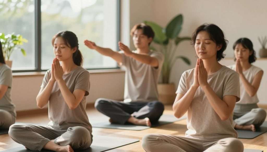 A serene indoor setting designed for mindfulness and meditation, featuring a diverse group of three individuals engaged in neuroplasticity exercises. In the foreground, one person sits cross-legged on a soft mat, practicing deep breathing, with a peaceful expression and wearing comfortable, modest clothing. In the middle ground, a second individual is standing, performing gentle stretching while holding a balance position, radiating focus and calm. In the background, large windows let in warm, soft natural sunlight, illuminating indoor plants that enhance the tranquil atmosphere. The overall mood is peaceful and inspiring, encouraging cognitive skills development through mindfulness. The image captures a harmonious blend of body and mind, emphasizing the importance of meditation in training the brain. The composition should have a slightly blurred background for depth, shot at a mid-range angle to highlight the participants' expressions. A serene indoor setting designed for mindfulness and meditation, featuring a diverse group of three individuals engaged in neuroplasticity exercises. In the foreground, one person sits cross-legged on a soft mat, practicing deep breathing, with a peaceful expression and wearing comfortable, modest clothing. In the middle ground, a second individual is standing, performing gentle stretching while holding a balance position, radiating focus and calm. In the background, large windows let in warm, soft natural sunlight, illuminating indoor plants that enhance the tranquil atmosphere. The overall mood is peaceful and inspiring, encouraging cognitive skills development through mindfulness. The image captures a harmonious blend of body and mind, emphasizing the importance of meditation in training the brain. The composition should have a slightly blurred background for depth, shot at a mid-range angle to highlight the participants' expressions.