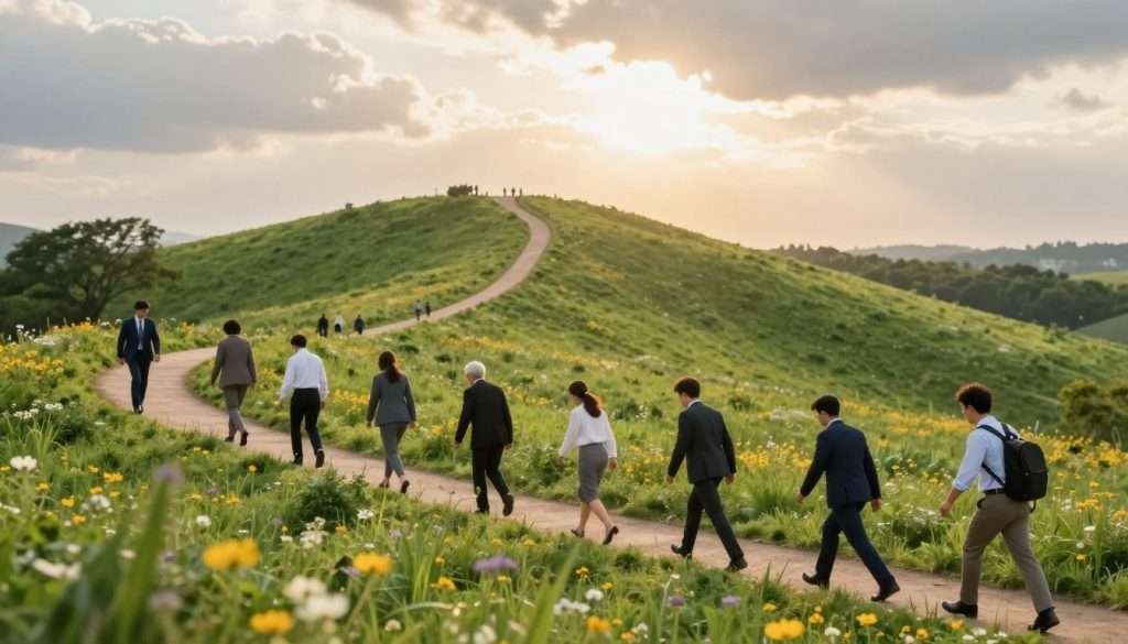 A serene landscape depicting a winding path leading up a lush green hill, symbolizing the journey of growth and resilience. In the foreground, a diverse group of individuals dressed in professional business attire, including men and women of various ethnicities, are engaged in climbing the hill, depicting effort and persistence through determination. The middle ground features vibrant wildflowers and trees, reinforcing the idea of growth. In the background, soft sunlight filters through the clouds, casting a golden hue over the scene, creating a hopeful atmosphere. The composition is captured with a slightly elevated angle, focusing on the climbers with a shallow depth of field, while the hill slopes gently into the horizon, inviting a sense of limitless possibilities. The overall mood is uplifting and inspiring, symbolizing the journey of building resilience. A serene landscape depicting a winding path leading up a lush green hill, symbolizing the journey of growth and resilience. In the foreground, a diverse group of individuals dressed in professional business attire, including men and women of various ethnicities, are engaged in climbing the hill, depicting effort and persistence through determination. The middle ground features vibrant wildflowers and trees, reinforcing the idea of growth. In the background, soft sunlight filters through the clouds, casting a golden hue over the scene, creating a hopeful atmosphere. The composition is captured with a slightly elevated angle, focusing on the climbers with a shallow depth of field, while the hill slopes gently into the horizon, inviting a sense of limitless possibilities. The overall mood is uplifting and inspiring, symbolizing the journey of building resilience.