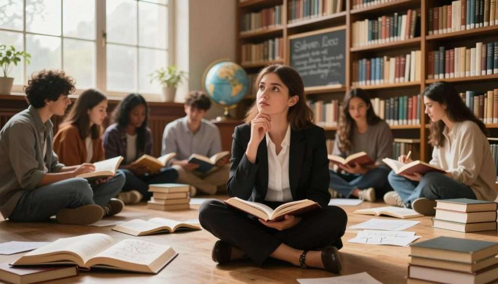A serene library filled with towering bookshelves, the ambiance softly lit by warm, golden light filtering through large windows. In the foreground, a young woman in professional business attire sits cross-legged on the floor, surrounded by open books with notes and ideas scribbled in the margins, reflecting a deep engagement in learning. Her expression is thoughtful yet fearless, symbolizing the mindset of challenging established ideas. In the middle ground, various other learners are depicted, discussing animatedly about the contents of their books, illustrating a dynamic exchange of thoughts. The background features a globe and a chalkboard with inspirational quotes, emphasizing the journey of growth and exploration. The overall mood is one of curiosity and openness, where each book represents a step toward knowledge and intellectual courage. A serene library filled with towering bookshelves, the ambiance softly lit by warm, golden light filtering through large windows. In the foreground, a young woman in professional business attire sits cross-legged on the floor, surrounded by open books with notes and ideas scribbled in the margins, reflecting a deep engagement in learning. Her expression is thoughtful yet fearless, symbolizing the mindset of challenging established ideas. In the middle ground, various other learners are depicted, discussing animatedly about the contents of their books, illustrating a dynamic exchange of thoughts. The background features a globe and a chalkboard with inspirational quotes, emphasizing the journey of growth and exploration. The overall mood is one of curiosity and openness, where each book represents a step toward knowledge and intellectual courage.