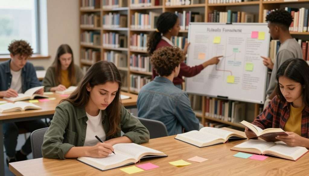A serene library scene depicting a diverse group of students engaged in reading. In the foreground, a focused young woman in smart casual attire sits at a wooden table, surrounded by open books and colorful sticky notes, symbolizing her deep dive into various subjects. In the middle, a few students of different backgrounds are collaborating, pointing at a large chart filled with varied topics, illustrating the balance of breadth and depth in their studies. The background features tall bookshelves stacked with books, soft lighting filtering through a nearby window, casting a warm, inviting glow. The atmosphere is inspiring and studious, conveying a sense of discovery and intellectual engagement. The angle is slightly elevated, capturing the full depth of the library space without any text or overlays. A serene library scene depicting a diverse group of students engaged in reading. In the foreground, a focused young woman in smart casual attire sits at a wooden table, surrounded by open books and colorful sticky notes, symbolizing her deep dive into various subjects. In the middle, a few students of different backgrounds are collaborating, pointing at a large chart filled with varied topics, illustrating the balance of breadth and depth in their studies. The background features tall bookshelves stacked with books, soft lighting filtering through a nearby window, casting a warm, inviting glow. The atmosphere is inspiring and studious, conveying a sense of discovery and intellectual engagement. The angle is slightly elevated, capturing the full depth of the library space without any text or overlays.