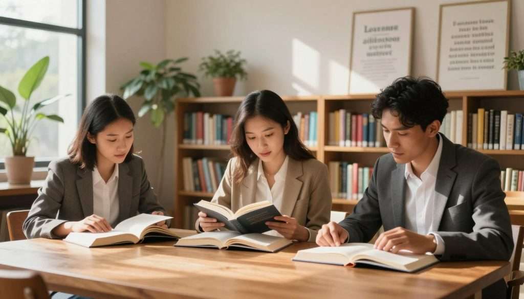 A serene library setting embodies the essence of a growth mindset in reading. In the foreground, a diverse group of three individuals—two women and one man—in professional attire, eagerly peruse various open books at a large wooden table. Their expressions radiate curiosity and determination, symbolizing the joy of learning and exploration. In the middle ground, shelves filled with colorful books and soft greenery create a nurturing environment. Sunlight streams through large windows, casting warm, inviting shadows that enhance the atmosphere of inspiration. The background features framed quotes on the walls about learning and growth, subtly reinforcing the theme. The overall mood is uplifting and motivational, urging viewers to embrace the journey of growth in their reading experiences. A serene library setting embodies the essence of a growth mindset in reading. In the foreground, a diverse group of three individuals—two women and one man—in professional attire, eagerly peruse various open books at a large wooden table. Their expressions radiate curiosity and determination, symbolizing the joy of learning and exploration. In the middle ground, shelves filled with colorful books and soft greenery create a nurturing environment. Sunlight streams through large windows, casting warm, inviting shadows that enhance the atmosphere of inspiration. The background features framed quotes on the walls about learning and growth, subtly reinforcing the theme. The overall mood is uplifting and motivational, urging viewers to embrace the journey of growth in their reading experiences.
