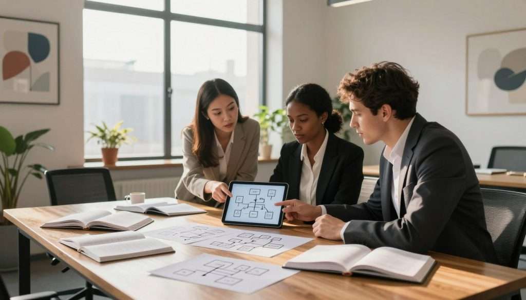 A serene, modern office environment with a large wooden desk at the forefront, littered with open books and scattered notes showcasing logical reasoning diagrams. In the middle, a diverse group of three professionals—two men and one woman—dressed in smart business attire, engage in a thoughtful discussion, pointing at a complex flowchart on a digital tablet. A large window in the background floods the scene with warm, natural light, casting soft shadows and creating an inviting atmosphere. The walls feature abstract art that symbolizes critical thinking, while plants add a touch of greenery. The overall mood is focused and collaborative, emphasizing the mastery of logical reasoning in a contemporary setting. A serene, modern office environment with a large wooden desk at the forefront, littered with open books and scattered notes showcasing logical reasoning diagrams. In the middle, a diverse group of three professionals—two men and one woman—dressed in smart business attire, engage in a thoughtful discussion, pointing at a complex flowchart on a digital tablet. A large window in the background floods the scene with warm, natural light, casting soft shadows and creating an inviting atmosphere. The walls feature abstract art that symbolizes critical thinking, while plants add a touch of greenery. The overall mood is focused and collaborative, emphasizing the mastery of logical reasoning in a contemporary setting.