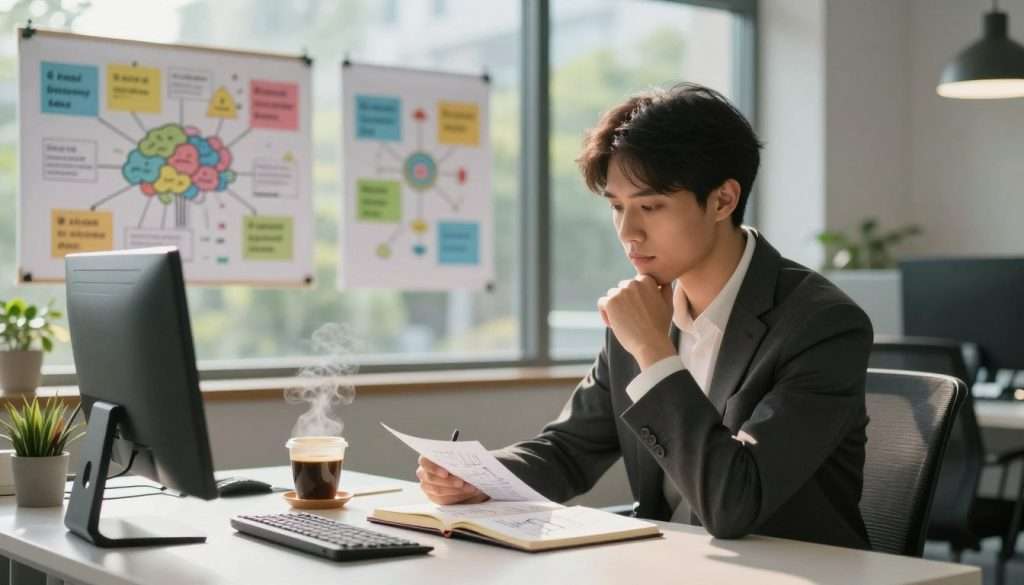 A serene, modern office space filled with natural light. In the foreground, a thoughtful young professional dressed in smart business attire sits at a sleek desk, reflecting on a notebook filled with notes and diagrams. Beside them, a warm cup of coffee emits soft steam, symbolizing focus and contemplation. In the middle ground, poster boards are pinned with colorful mind maps and motivational quotes that inspire innovative thinking. The background features a large window, offering a view of lush greenery outside, symbolizing growth and knowledge. Soft, warm lighting creates a calm and productive atmosphere, with a slight lens blur to focus on the subject. The overall mood is one of deep reflection, emphasizing the process of optimizing learning through careful thought and planning. A serene, modern office space filled with natural light. In the foreground, a thoughtful young professional dressed in smart business attire sits at a sleek desk, reflecting on a notebook filled with notes and diagrams. Beside them, a warm cup of coffee emits soft steam, symbolizing focus and contemplation. In the middle ground, poster boards are pinned with colorful mind maps and motivational quotes that inspire innovative thinking. The background features a large window, offering a view of lush greenery outside, symbolizing growth and knowledge. Soft, warm lighting creates a calm and productive atmosphere, with a slight lens blur to focus on the subject. The overall mood is one of deep reflection, emphasizing the process of optimizing learning through careful thought and planning.