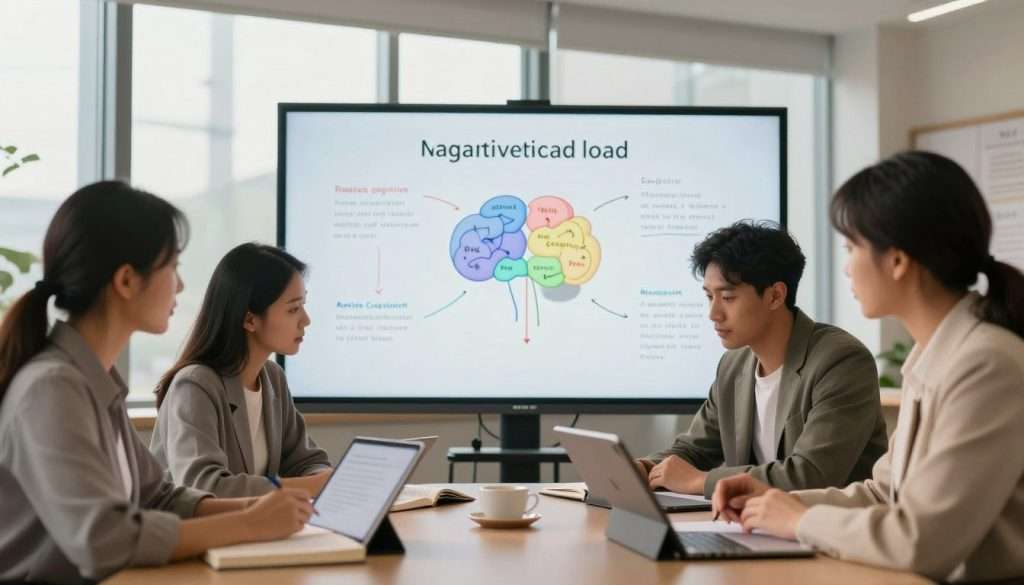 A serene, modern study environment showcasing the concept of efficient learning. In the foreground, a diverse group of three professionals, each in smart casual attire, engaged in collaborative problem-solving, surrounded by open books and digital tablets. The middle ground features a large, interactive whiteboard filled with colorful, organized diagrams and notes illustrating cognitive theories. The background shows tall windows allowing soft, natural light to flood the room, creating a warm, inviting atmosphere. Warm lighting highlights the faces of the individuals, emphasizing their focus and engagement. The overall mood is one of concentration, teamwork, and clarity, encapsulating the essence of managing cognitive load during complex tasks.