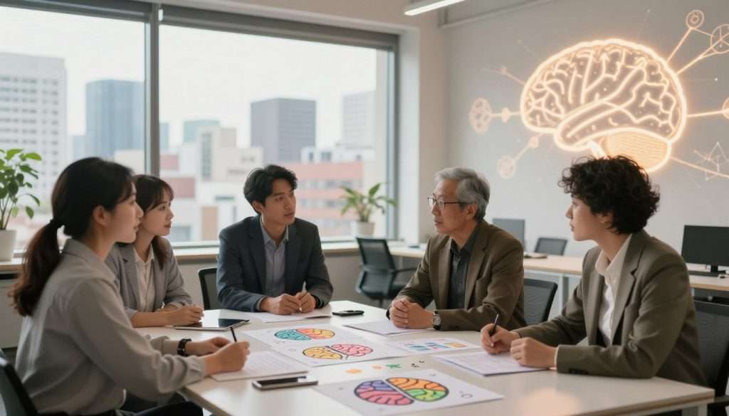 A serene, modern workspace representing the theme of overcoming cognitive plateaus and enhancing neuroplasticity. In the foreground, a diverse group of four professionals, dressed in modest business attire, are engaged in dynamic discussions around a sleek table filled with colorful brain-themed diagrams and cognitive exercises. In the middle ground, a large window reveals a vibrant cityscape, symbolizing progress and opportunity outside, with soft, natural light flooding the room, highlighting their focused expressions. In the background, abstract representations of neural networks and brain pathways illuminate the walls, showcasing the concept of neuroplasticity. The atmosphere is inspirational and collaborative, with a gentle emphasis on growth and potential, created by warm lighting and a depth-of-field perspective that draws the viewer into the scene. A serene, modern workspace representing the theme of overcoming cognitive plateaus and enhancing neuroplasticity. In the foreground, a diverse group of four professionals, dressed in modest business attire, are engaged in dynamic discussions around a sleek table filled with colorful brain-themed diagrams and cognitive exercises. In the middle ground, a large window reveals a vibrant cityscape, symbolizing progress and opportunity outside, with soft, natural light flooding the room, highlighting their focused expressions. In the background, abstract representations of neural networks and brain pathways illuminate the walls, showcasing the concept of neuroplasticity. The atmosphere is inspirational and collaborative, with a gentle emphasis on growth and potential, created by warm lighting and a depth-of-field perspective that draws the viewer into the scene.