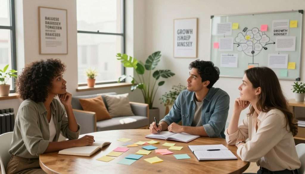 A serene office environment designed to foster a growth mindset. In the foreground, a diverse group of three professionals (a Black woman, a Hispanic man, and a Caucasian woman) are collaborating at a round, wooden table filled with colorful sticky notes and open notebooks. Their expressions show curiosity and enthusiasm. In the middle background, a large window lets in warm, natural light, illuminating a plant-filled corner and soft cushions on a cozy lounge chair, symbolizing comfort and creativity. The walls are adorned with motivational posters featuring inspiring quotes in elegant typography. A glass board is filled with mind maps and brainstorming ideas. The overall mood is uplifting and collaborative, highlighting a supportive atmosphere conducive to lifelong learning.