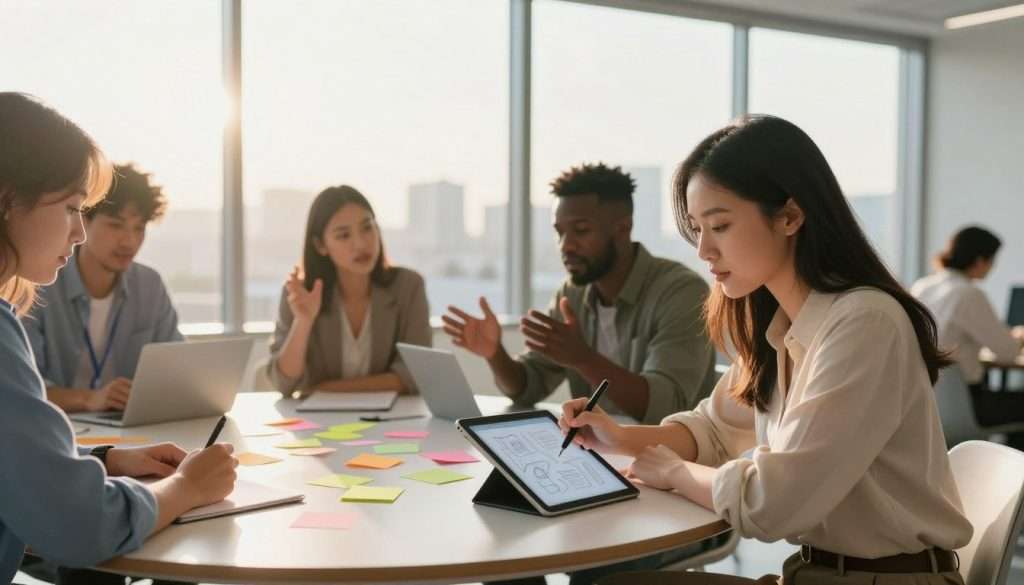 A serene office environment filled with light, showcasing a team of diverse professionals brainstorming at a large round table. In the foreground, a woman of Asian descent, wearing smart casual attire, is sketching ideas on a digital tablet, her expression focused and inspired. In the middle ground, a Black man and a Hispanic woman engage in a lively discussion, gesturing enthusiastically as colorful post-it notes cover the table. The background reveals floor-to-ceiling windows showing a cityscape bathed in soft afternoon sunlight, creating a warm and inviting atmosphere. The overall mood conveys collaboration, creativity, and innovative thinking. Use soft focus for a dreamy effect, with a slight vignette to draw attention to the brainstorming scene. A serene office environment filled with light, showcasing a team of diverse professionals brainstorming at a large round table. In the foreground, a woman of Asian descent, wearing smart casual attire, is sketching ideas on a digital tablet, her expression focused and inspired. In the middle ground, a Black man and a Hispanic woman engage in a lively discussion, gesturing enthusiastically as colorful post-it notes cover the table. The background reveals floor-to-ceiling windows showing a cityscape bathed in soft afternoon sunlight, creating a warm and inviting atmosphere. The overall mood conveys collaboration, creativity, and innovative thinking. Use soft focus for a dreamy effect, with a slight vignette to draw attention to the brainstorming scene.