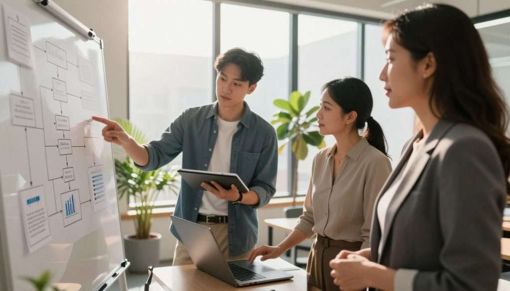 A serene office environment showcasing a diverse group of three professionals engaged in a deep discussion. In the foreground, a middle-aged woman in a tailored blazer points toward a whiteboard filled with diagrams and flowcharts, illustrating critical thinking processes. The middle layer features a young man in smart casual attire, thoughtfully jotting down notes on a digital tablet, while a woman in a business dress analyzes data on her laptop. The background includes large windows letting in warm, natural light, casting soft shadows, and a few potted plants adding a touch of calm. The atmosphere feels collaborative and innovative, embodying the essence of logical reasoning and critical thinking, perfect for eliciting ideas and solutions. The lens captures the scene from a slight angle to emphasize engagement and interaction among the team.