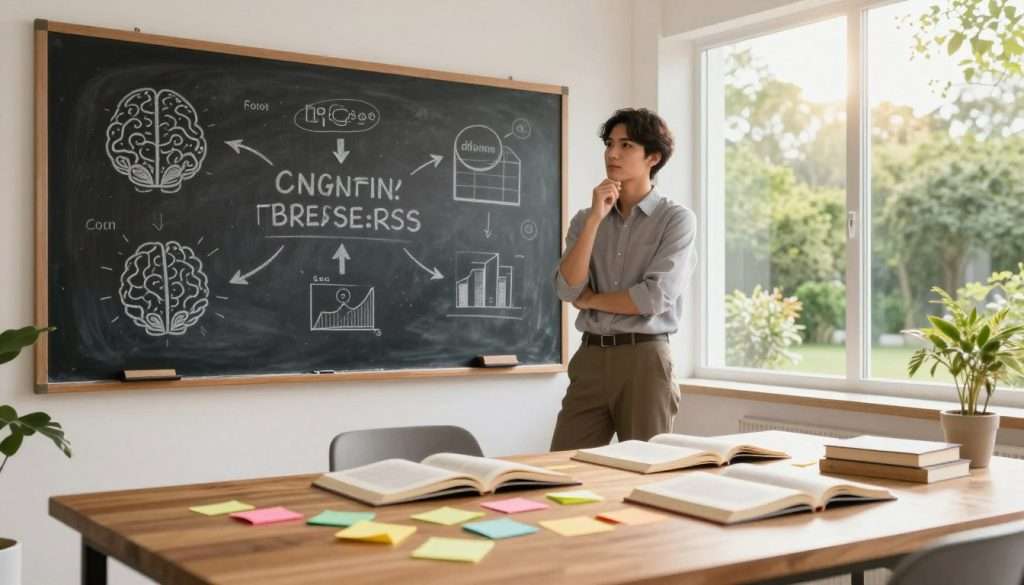 A serene office environment with a large wooden desk at the forefront, cluttered with colorful sticky notes and open books symbolizing diverse thoughts. In the middle, a professional individual in smart casual clothing, with a contemplative expression, stands beside a large chalkboard filled with graphics of cognitive biases and arrows indicating solutions. The background features a bright, sunlit room with large windows showcasing a lush green garden outside, symbolizing clarity and fresh perspectives. The lighting is warm and inviting, creating a sense of inspiration. The angle captures both the individual and the chalkboard prominently, emphasizing the theme of overcoming mental barriers. The mood is uplifting and motivating, sparking curiosity and creativity. A serene office environment with a large wooden desk at the forefront, cluttered with colorful sticky notes and open books symbolizing diverse thoughts. In the middle, a professional individual in smart casual clothing, with a contemplative expression, stands beside a large chalkboard filled with graphics of cognitive biases and arrows indicating solutions. The background features a bright, sunlit room with large windows showcasing a lush green garden outside, symbolizing clarity and fresh perspectives. The lighting is warm and inviting, creating a sense of inspiration. The angle captures both the individual and the chalkboard prominently, emphasizing the theme of overcoming mental barriers. The mood is uplifting and motivating, sparking curiosity and creativity.