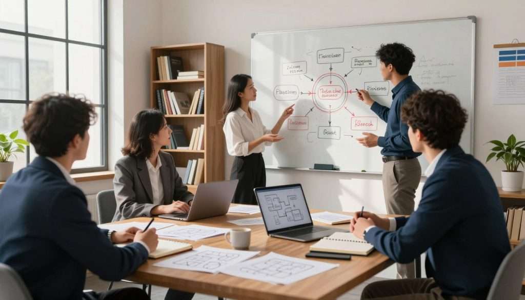 A serene office environment with a large wooden desk in the foreground, cluttered with notebooks, diagrams, and a laptop displaying complex problem-solving flowcharts. In the middle, a diverse group of professionals—one woman and two men—are engaged in a focused discussion, all dressed in smart business attire. They are gesturing towards an imaginative mind map on a whiteboard, illustrating first principles thinking with clear, colorful lines and arrows. Soft natural light filters through large windows, casting gentle shadows and creating a motivational atmosphere. In the background, bookshelves filled with innovation and philosophy books add depth to the scene, while indoor plants provide a touch of freshness, emphasizing creativity and clarity of thought. The overall mood is inspiring and collaborative, inviting the viewer into the problem-solving process.