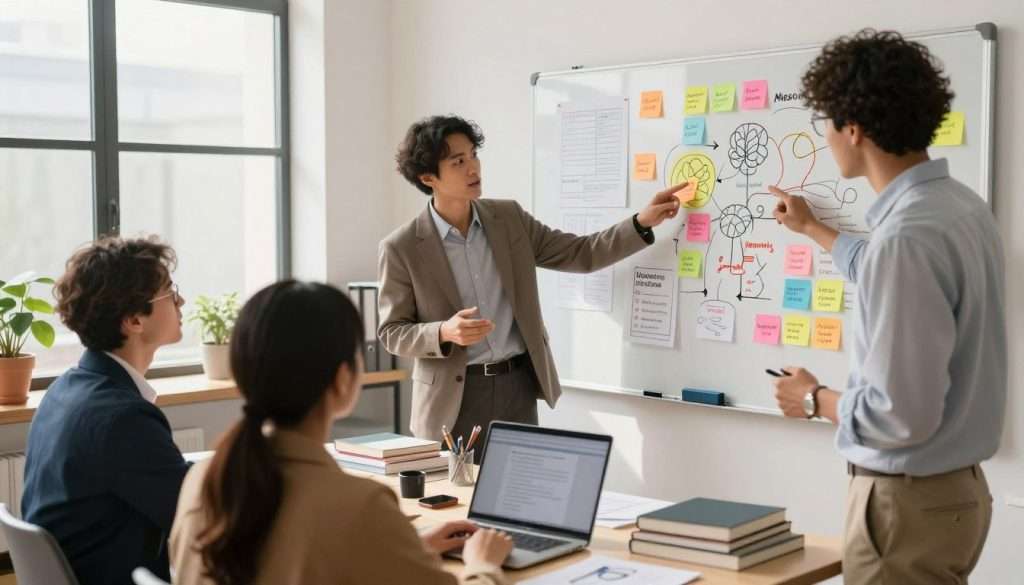 A serene office setting with an organized workspace filled with colorful sticky notes, diagrams, and memory aids illustrating mnemonic techniques. In the foreground, a diverse group of two professionals dressed in smart attire engages in an animated discussion, pointing at a whiteboard filled with vibrant visuals of mnemonic devices like acronyms, mind maps, and the method of loci. The middle ground features books and mind-enhancing tools scattered across the desk. The background shows a well-lit room with large windows allowing natural sunlight to illuminate the scene, creating a motivational and focused atmosphere. Capture this scene with a slightly elevated angle to highlight the interaction and mnemonic materials while keeping a warm and encouraging mood. A serene office setting with an organized workspace filled with colorful sticky notes, diagrams, and memory aids illustrating mnemonic techniques. In the foreground, a diverse group of two professionals dressed in smart attire engages in an animated discussion, pointing at a whiteboard filled with vibrant visuals of mnemonic devices like acronyms, mind maps, and the method of loci. The middle ground features books and mind-enhancing tools scattered across the desk. The background shows a well-lit room with large windows allowing natural sunlight to illuminate the scene, creating a motivational and focused atmosphere. Capture this scene with a slightly elevated angle to highlight the interaction and mnemonic materials while keeping a warm and encouraging mood.