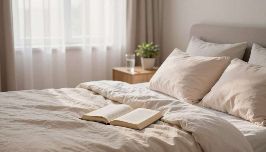 A serene, softly lit bedroom scene emphasizing the importance of sleep for memory enhancement. In the foreground, a cozy bed with plush pillows and a light, calming blanket, adorned with a book on memory techniques lying open. In the middle, a bedside table features a glass of water and a small potted plant, symbolizing physical health. The background reveals a window draped with sheer curtains, allowing gentle morning light to filter in, creating an inviting atmosphere. The room is decorated in soothing pastel tones, inspiring tranquility. The overall mood is peaceful and rejuvenating, suggesting the harmonious relationship between quality sleep and cognitive function, essential for optimal memory retention.