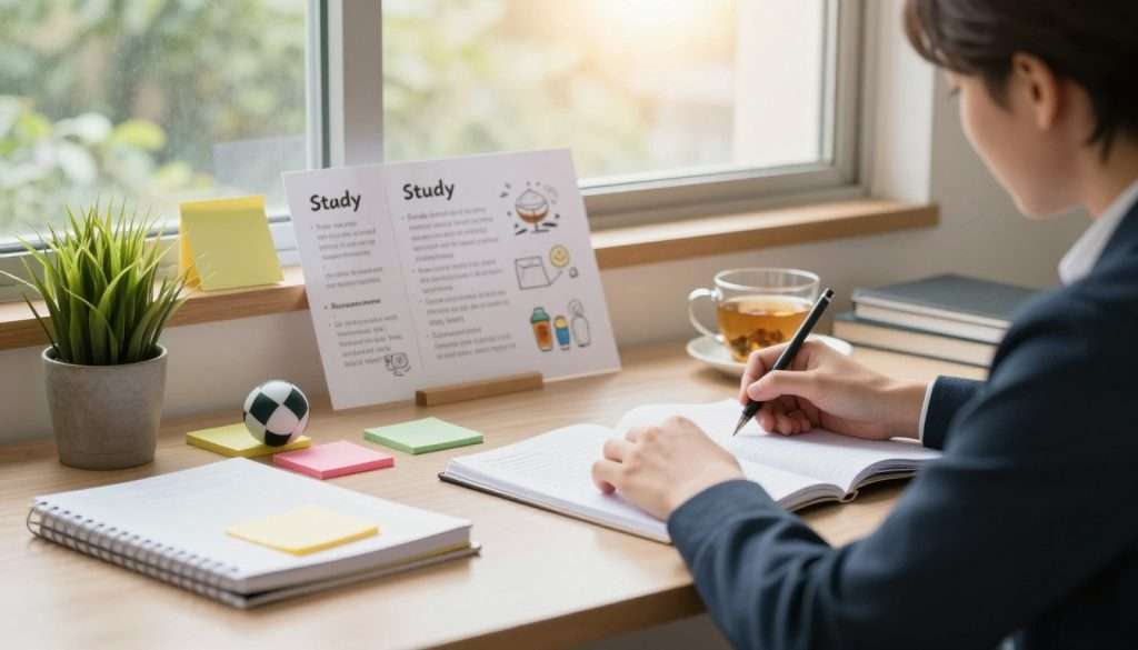 A serene study environment depicting a well-organized desk with notebooks, colorful sticky notes, and a calming plant, all arranged neatly under soft, natural light. In the foreground, a person in professional business attire is deeply focused on their studies, with a relaxed yet attentive posture, surrounded by a few calming elements like a cup of herbal tea and a stress ball. The middle layer shows motivational study tips visually illustrated on paper or index cards, creatively integrated into the scene. In the background, a window reveals a peaceful outdoor view, with soft sunlight filtering in, enhancing the calming atmosphere. Overall, the image conveys a sense of tranquility and productivity, aimed at managing stress and anxiety during study sessions. A serene study environment depicting a well-organized desk with notebooks, colorful sticky notes, and a calming plant, all arranged neatly under soft, natural light. In the foreground, a person in professional business attire is deeply focused on their studies, with a relaxed yet attentive posture, surrounded by a few calming elements like a cup of herbal tea and a stress ball. The middle layer shows motivational study tips visually illustrated on paper or index cards, creatively integrated into the scene. In the background, a window reveals a peaceful outdoor view, with soft sunlight filtering in, enhancing the calming atmosphere. Overall, the image conveys a sense of tranquility and productivity, aimed at managing stress and anxiety during study sessions.