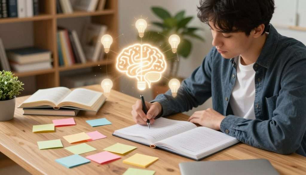 A serene study environment depicting the concept of "memory enhancement." In the foreground, a focused student, dressed in smart casual attire, sits at a wooden desk surrounded by colorful sticky notes and open notebooks filled with neatly organized notes. The middle ground features a glowing brain icon surrounded by interconnected light bulbs, symbolizing insights and creativity. In the background, bookshelves filled with various educational materials blend into a softly lit room, with a potted plant providing a touch of tranquility. The atmosphere is calm and inspiring, with warm, diffused lighting creating a cozy ambiance, suggesting a space conducive to thought and retention. The scene is captured from a slight overhead angle, emphasizing the organized chaos of ideas meant for long-term retention.