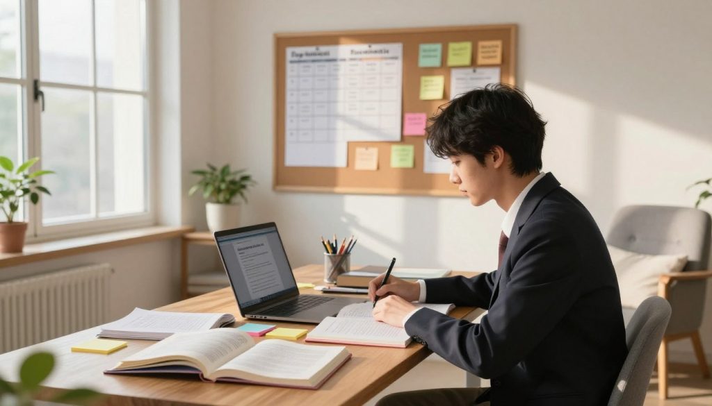 A serene study environment emphasizing effective study habits. In the foreground, a focused student in professional attire is seated at a cluttered wooden desk, surrounded by open textbooks, colorful sticky notes, and a laptop displaying educational content. The middle ground features a corkboard filled with organized study schedules and motivational quotes, creating a sense of structure. In the background, a large window allows warm, natural light to flood the room, illuminating a small indoor plant and a cozy reading nook with a comfortable chair. The atmosphere is calm and concentrated, inviting the viewer to envision productivity and learning, with soft shadows cast by the afternoon sun, enhancing the peaceful study vibe. A serene study environment emphasizing effective study habits. In the foreground, a focused student in professional attire is seated at a cluttered wooden desk, surrounded by open textbooks, colorful sticky notes, and a laptop displaying educational content. The middle ground features a corkboard filled with organized study schedules and motivational quotes, creating a sense of structure. In the background, a large window allows warm, natural light to flood the room, illuminating a small indoor plant and a cozy reading nook with a comfortable chair. The atmosphere is calm and concentrated, inviting the viewer to envision productivity and learning, with soft shadows cast by the afternoon sun, enhancing the peaceful study vibe.