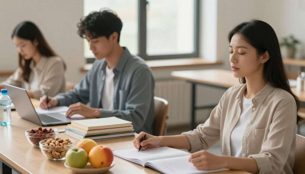 A serene study environment featuring a diverse group of three students, two males and one female, dressed in professional casual attire, engaged in concentration techniques. In the foreground, one student is practicing mindfulness with eyes closed, while the others are reviewing nutrient-rich snacks like nuts and fruits on a table. The middle ground showcases an organized workspace with books, a laptop, and a water bottle. In the background, a window lets in soft, natural light, illuminating the room with a warm glow, creating a focused atmosphere. The overall mood is calm and productive, emphasizing the importance of proper sleep and nutrition for optimal brain power, with a shallow depth of field to draw attention to the students. A serene study environment featuring a diverse group of three students, two males and one female, dressed in professional casual attire, engaged in concentration techniques. In the foreground, one student is practicing mindfulness with eyes closed, while the others are reviewing nutrient-rich snacks like nuts and fruits on a table. The middle ground showcases an organized workspace with books, a laptop, and a water bottle. In the background, a window lets in soft, natural light, illuminating the room with a warm glow, creating a focused atmosphere. The overall mood is calm and productive, emphasizing the importance of proper sleep and nutrition for optimal brain power, with a shallow depth of field to draw attention to the students.