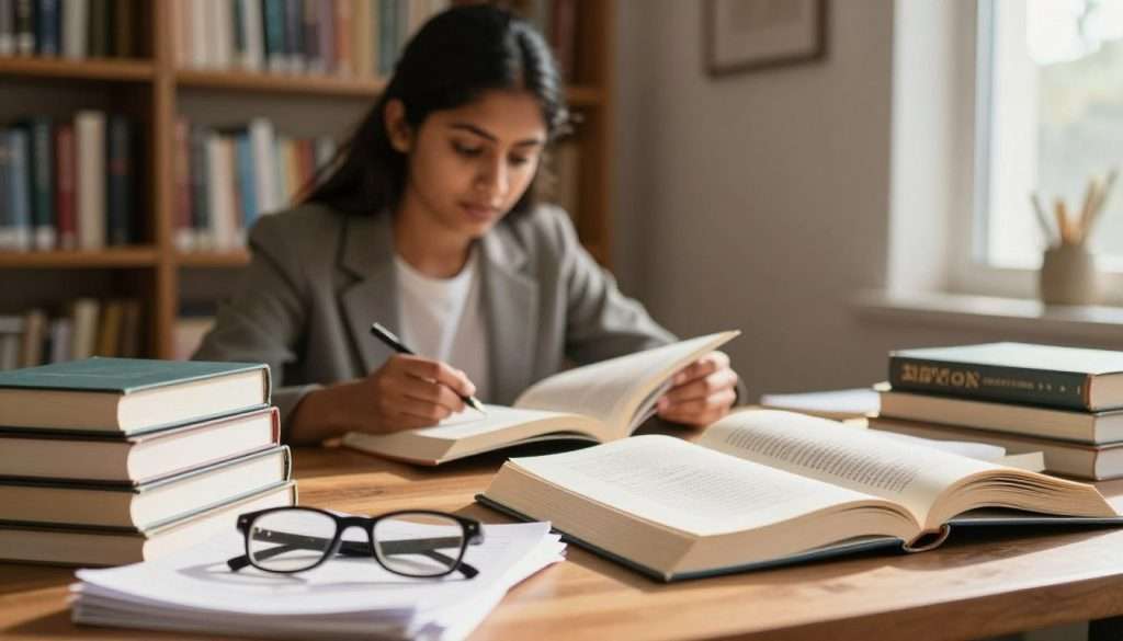 A serene study environment featuring a wooden desk cluttered with academic books, highlighted by an open textbook showing marked passages. In the foreground, a pair of reading glasses rests atop a stack of notes, emphasizing focus. The middle ground showcases a focused student, a young South Asian woman in professional casual attire, sitting thoughtfully with a pen in hand, contemplating her next read. In the background, a soft-lit bookshelf full of varied literature creates an inviting atmosphere, with warm sunlight streaming through a nearby window casting gentle shadows. The mood is calm and introspective, ideal for illustrating the concept of deliberative reading strategies like the 50-page rule. The image should evoke a sense of productive study and thoughtful engagement with academic literature. A serene study environment featuring a wooden desk cluttered with academic books, highlighted by an open textbook showing marked passages. In the foreground, a pair of reading glasses rests atop a stack of notes, emphasizing focus. The middle ground showcases a focused student, a young South Asian woman in professional casual attire, sitting thoughtfully with a pen in hand, contemplating her next read. In the background, a soft-lit bookshelf full of varied literature creates an inviting atmosphere, with warm sunlight streaming through a nearby window casting gentle shadows. The mood is calm and introspective, ideal for illustrating the concept of deliberative reading strategies like the 50-page rule. The image should evoke a sense of productive study and thoughtful engagement with academic literature.