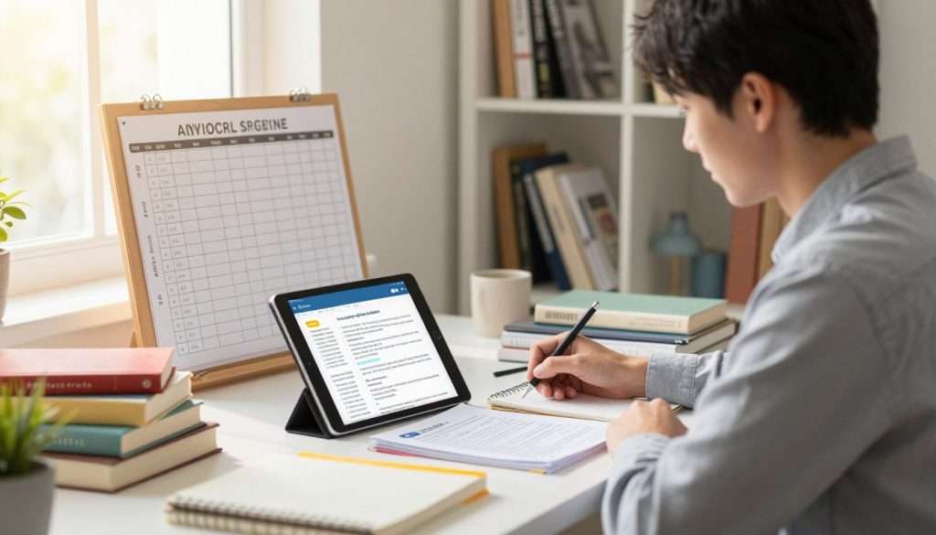 A serene study environment featuring a young adult in professional attire, sitting at a well-organized desk filled with books and colorful study materials. The foreground showcases a digital tablet displaying flashcards for active recall, while the middle ground includes a wall planner with spaced repetition schedules marked. Soft, natural lighting filters through a nearby window, illuminating the scene with a warm glow. In the background, a bookshelf filled with neatly arranged books suggests an atmosphere of knowledge and focus. The overall mood is inspiring and productive, emphasizing effective study strategies through a visually engaging composition. A serene study environment featuring a young adult in professional attire, sitting at a well-organized desk filled with books and colorful study materials. The foreground showcases a digital tablet displaying flashcards for active recall, while the middle ground includes a wall planner with spaced repetition schedules marked. Soft, natural lighting filters through a nearby window, illuminating the scene with a warm glow. In the background, a bookshelf filled with neatly arranged books suggests an atmosphere of knowledge and focus. The overall mood is inspiring and productive, emphasizing effective study strategies through a visually engaging composition.