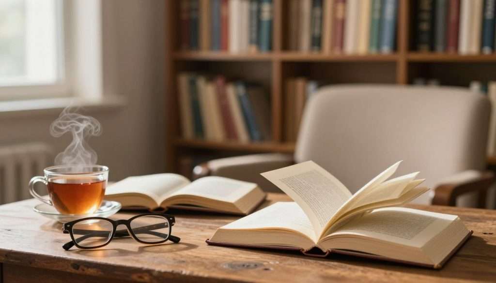 A serene study environment featuring two open books on a vintage wooden table, their pages fluttering slightly in a gentle, warm light. In the foreground, a pair of reading glasses rests beside a steaming cup of tea, symbolizing contemplation. The middle ground showcases a cozy armchair, inviting readers to immerse themselves in literature. In the background, a large bookshelf filled with various colorful books adds depth. Soft sunlight filters through a nearby window, creating a calming atmosphere that enhances focus and comprehension. The overall mood should be peaceful and inspiring, encouraging the viewer to engage deeply with the theme of reading and understanding literature in a profound way.