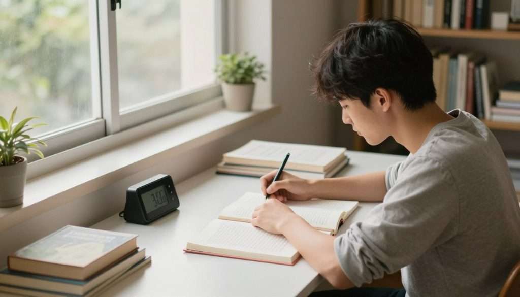 A serene study environment focused on concentration strategies. In the foreground, a student in modest casual clothing sits at a neatly organized desk, surrounded by open books and notepads. The middle layer features a large window letting in soft, natural light, highlighting the tranquility of the room. On the desk, a digital timer is set, indicating focused study sessions. In the background, shelves filled with books and a calming plant contribute to a soothing atmosphere. The lighting creates a warm glow, enhancing the overall mood of focus and productivity. The angle is slightly above eye-level, giving a clear view of the student's engaged expression as they take notes, embodying the essence of managing mental fatigue and cognitive load. A serene study environment focused on concentration strategies. In the foreground, a student in modest casual clothing sits at a neatly organized desk, surrounded by open books and notepads. The middle layer features a large window letting in soft, natural light, highlighting the tranquility of the room. On the desk, a digital timer is set, indicating focused study sessions. In the background, shelves filled with books and a calming plant contribute to a soothing atmosphere. The lighting creates a warm glow, enhancing the overall mood of focus and productivity. The angle is slightly above eye-level, giving a clear view of the student's engaged expression as they take notes, embodying the essence of managing mental fatigue and cognitive load.