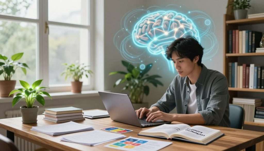 A serene study environment focused on enhancing memory recall. In the foreground, a wooden desk is cluttered with neatly organized notes, colorful flashcards, and an open book titled "Memory Techniques." A focused individual in smart casual attire, mid-30s, with short dark hair, is using a laptop to research memory tips, surrounded by glowing plants that symbolize growth and cognitive enhancement. In the middle ground, a large window allows soft, natural light to flood the room, casting gentle shadows. Bookshelves lined with cognitive psychology and memory-related books create a scholarly atmosphere. In the background, an abstract representation of a brain with glowing connections adds an imaginative touch to depict cognitive processes, surrounded by ethereal swirls of soft blues and greens, evoking a sense of calm and focus. A serene study environment focused on enhancing memory recall. In the foreground, a wooden desk is cluttered with neatly organized notes, colorful flashcards, and an open book titled "Memory Techniques." A focused individual in smart casual attire, mid-30s, with short dark hair, is using a laptop to research memory tips, surrounded by glowing plants that symbolize growth and cognitive enhancement. In the middle ground, a large window allows soft, natural light to flood the room, casting gentle shadows. Bookshelves lined with cognitive psychology and memory-related books create a scholarly atmosphere. In the background, an abstract representation of a brain with glowing connections adds an imaginative touch to depict cognitive processes, surrounded by ethereal swirls of soft blues and greens, evoking a sense of calm and focus.