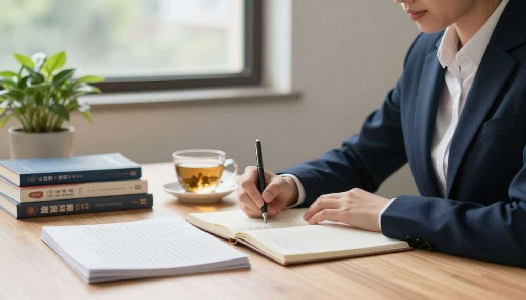 A serene study environment focusing on mastering concentration techniques. In the foreground, a person in professional business attire sits at a wooden desk, deeply engaged with their studies, surrounded by neatly arranged textbooks and a notebook filled with notes. The middle ground features calming elements like a potted plant and a cup of herbal tea, suggesting a peaceful atmosphere. In the background, a large window allows soft, natural light to illuminate the space, with gentle shadows creating depth. The overall mood is tranquil and focused, emphasizing determination and clarity. The composition should be framed at eye level to evoke a sense of immersion in the study process.