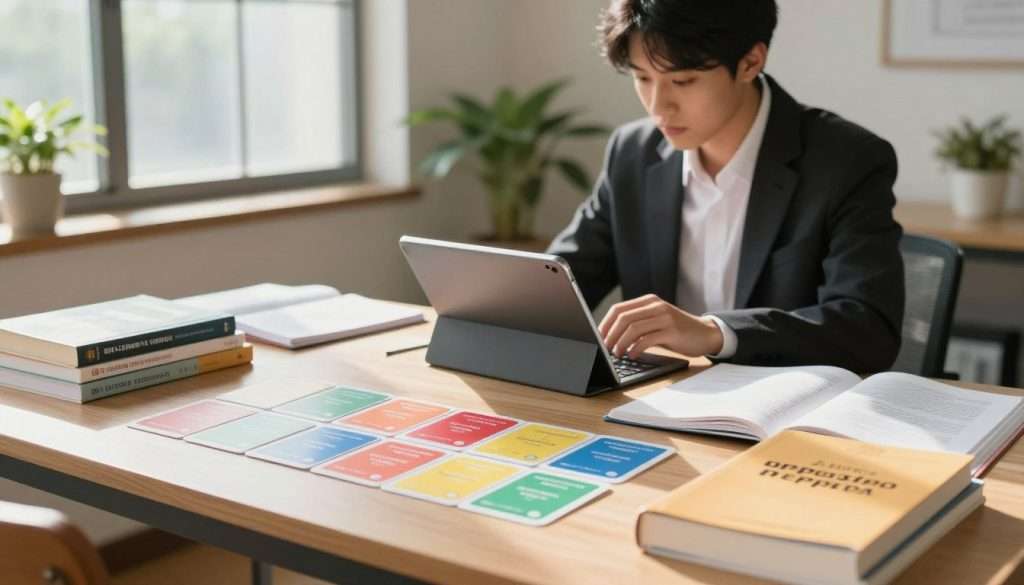 A serene study environment highlighting optimal spacing for learning. In the foreground, an open desk with neatly arranged study materials, including colorful flashcards and textbooks, illustrating the concept of spaced repetition. In the middle ground, a focused student, dressed in professional business attire, actively engaging with a digital tablet, reviewing content at calculated intervals. In the background, large windows allow natural light to fill the room, casting soft shadows that add warmth to the scene. The atmosphere is calm and conducive to learning, featuring a few potted plants for a touch of nature. The composition captures the essence of focused learning, emphasizing organization and clarity without any distractions. A serene study environment highlighting optimal spacing for learning. In the foreground, an open desk with neatly arranged study materials, including colorful flashcards and textbooks, illustrating the concept of spaced repetition. In the middle ground, a focused student, dressed in professional business attire, actively engaging with a digital tablet, reviewing content at calculated intervals. In the background, large windows allow natural light to fill the room, casting soft shadows that add warmth to the scene. The atmosphere is calm and conducive to learning, featuring a few potted plants for a touch of nature. The composition captures the essence of focused learning, emphasizing organization and clarity without any distractions.