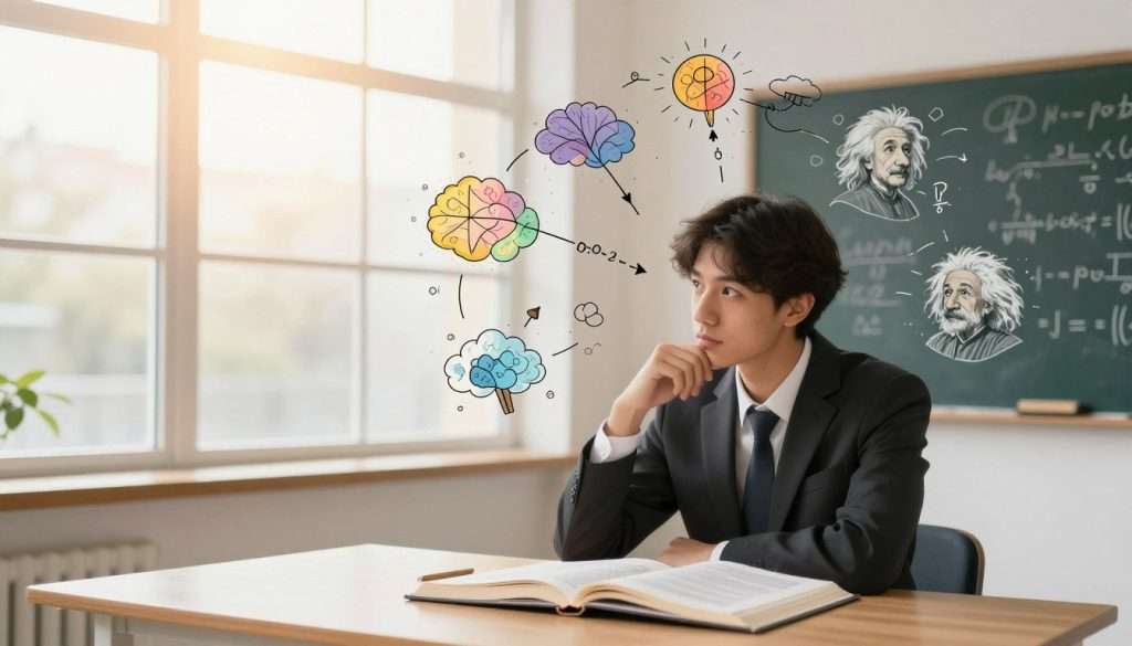 A serene study environment illustrating the concept of memory retention through visual thinking. In the foreground, a focused, young adult in professional attire is engaged in thought experiments, surrounded by colorful mind maps and diagrams floating around them, emphasizing creative ideas. The middle ground features an open book and a chalkboard filled with equations and illustrations of Einstein's theories, symbolizing knowledge. In the background, a large window reflects soft, warm sunlight pouring in, creating a calm and inspiring atmosphere. Use a soft focus lens to capture the details, ensuring a dreamy but vibrant quality to the light with a slight vignette effect, enhancing the overall mood of enlightenment and discovery. A serene study environment illustrating the concept of memory retention through visual thinking. In the foreground, a focused, young adult in professional attire is engaged in thought experiments, surrounded by colorful mind maps and diagrams floating around them, emphasizing creative ideas. The middle ground features an open book and a chalkboard filled with equations and illustrations of Einstein's theories, symbolizing knowledge. In the background, a large window reflects soft, warm sunlight pouring in, creating a calm and inspiring atmosphere. Use a soft focus lens to capture the details, ensuring a dreamy but vibrant quality to the light with a slight vignette effect, enhancing the overall mood of enlightenment and discovery.