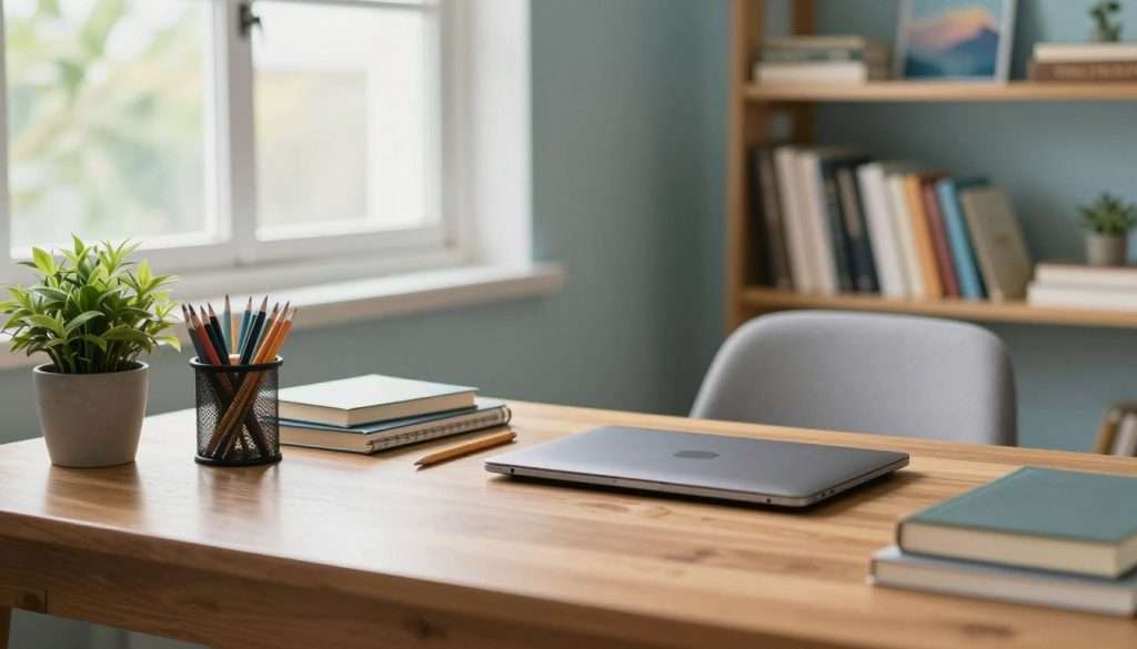 A serene study environment reflecting effective study tips for focus. In the foreground, a polished wooden desk with neatly organized stationery, a closed laptop, and a plant for a touch of greenery. The middle layer features a bright window revealing soft natural light illuminating the workspace, while a comfortable chair invites relaxation. In the background, bookshelves lined with neatly arranged books and motivational posters with calming imagery. The atmosphere is tranquil and inspiring, with a color palette of soft blues and greens. Use a shallow depth of field to keep attention on the desk. The lighting is warm and inviting, creating a cozy yet focused environment conducive to studying. Capture this scene from a slightly elevated angle for a comprehensive view. A serene study environment reflecting effective study tips for focus. In the foreground, a polished wooden desk with neatly organized stationery, a closed laptop, and a plant for a touch of greenery. The middle layer features a bright window revealing soft natural light illuminating the workspace, while a comfortable chair invites relaxation. In the background, bookshelves lined with neatly arranged books and motivational posters with calming imagery. The atmosphere is tranquil and inspiring, with a color palette of soft blues and greens. Use a shallow depth of field to keep attention on the desk. The lighting is warm and inviting, creating a cozy yet focused environment conducive to studying. Capture this scene from a slightly elevated angle for a comprehensive view.