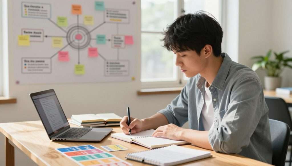 A serene study environment, showcasing a focused student engaging in active recall and spaced repetition techniques. In the foreground, a young adult with professional casual attire sits at a wooden desk, surrounded by notebooks, flashcards, and a laptop open to an educational video. The student is in a thoughtful pose, writing notes while glancing at notes on the desk. In the middle, a wall features a colorful mind map illustrating key study concepts, with post-it notes symbolizing spaced repetition. In the background, a well-lit window streams natural light into the room, creating a warm atmosphere. Soft sunlight highlights the student's expression of concentration, enhancing the feeling of productivity and focus, with a blurred indoor plant adding a touch of calm to the scene. A serene study environment, showcasing a focused student engaging in active recall and spaced repetition techniques. In the foreground, a young adult with professional casual attire sits at a wooden desk, surrounded by notebooks, flashcards, and a laptop open to an educational video. The student is in a thoughtful pose, writing notes while glancing at notes on the desk. In the middle, a wall features a colorful mind map illustrating key study concepts, with post-it notes symbolizing spaced repetition. In the background, a well-lit window streams natural light into the room, creating a warm atmosphere. Soft sunlight highlights the student's expression of concentration, enhancing the feeling of productivity and focus, with a blurred indoor plant adding a touch of calm to the scene.