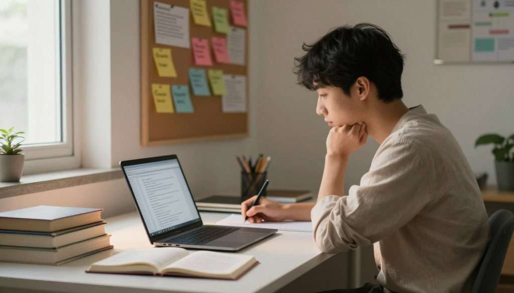 A serene study environment showcasing a focused student sitting at a modern desk, illuminated by soft, warm lighting that creates a calming atmosphere. In the foreground, books and an open laptop displaying organized notes and study materials emphasize productivity. The middle ground features a bulletin board filled with colorful reminders and motivational quotes, suggesting efficient study planning. In the background, a window with soft, natural light filters through, enhancing the peaceful ambiance. The overall scene conveys a sense of concentration and mindfulness, with the student wearing comfortable yet professional attire, embodying the essence of managing mental fatigue and cognitive load in effective study sessions. A serene study environment showcasing a focused student sitting at a modern desk, illuminated by soft, warm lighting that creates a calming atmosphere. In the foreground, books and an open laptop displaying organized notes and study materials emphasize productivity. The middle ground features a bulletin board filled with colorful reminders and motivational quotes, suggesting efficient study planning. In the background, a window with soft, natural light filters through, enhancing the peaceful ambiance. The overall scene conveys a sense of concentration and mindfulness, with the student wearing comfortable yet professional attire, embodying the essence of managing mental fatigue and cognitive load in effective study sessions.