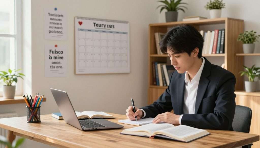 A serene study environment, showcasing a well-organized wooden desk with open books, a laptop, and colorful stationery. In the foreground, a focused young adult in professional business attire, sitting with a pen in hand, diligently taking notes. The middle layer features a wall filled with motivational quotes and a large calendar marking study goals. In the background, a softly lit bookshelf filled with various academic texts and potted plants adds a touch of warmth. Natural light streams in through a window, casting gentle shadows, creating a calm and inspiring atmosphere. The overall mood is one of dedication and productivity, emphasizing the importance of making studying a daily habit.