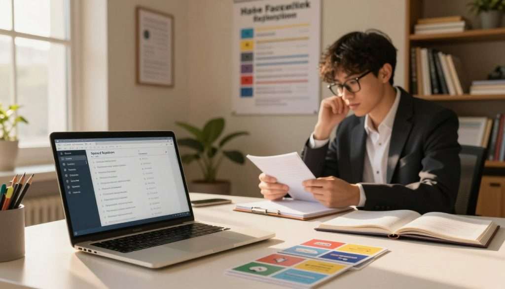 A serene study environment showcasing best practices for spaced repetition. In the foreground, a neatly organized desk with a laptop open to a spaced repetition software interface and colorful flashcards scattered around. A warm golden light streams in from a window, creating a cozy and inviting atmosphere. In the middle ground, a focused student in professional attire, perhaps wearing glasses, thoughtfully reviewing their notes while a wall poster displays a visual representation of the spaced repetition concept. In the background, a bookshelf filled with educational materials and plants adds a touch of liveliness. The overall mood is inspiring and productive, emphasizing effective study habits and learning techniques. A serene study environment showcasing best practices for spaced repetition. In the foreground, a neatly organized desk with a laptop open to a spaced repetition software interface and colorful flashcards scattered around. A warm golden light streams in from a window, creating a cozy and inviting atmosphere. In the middle ground, a focused student in professional attire, perhaps wearing glasses, thoughtfully reviewing their notes while a wall poster displays a visual representation of the spaced repetition concept. In the background, a bookshelf filled with educational materials and plants adds a touch of liveliness. The overall mood is inspiring and productive, emphasizing effective study habits and learning techniques.