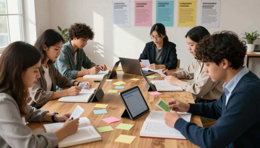A serene study environment showcasing cognitive learning techniques. In the foreground, a diverse group of students, dressed in smart casual attire, are engaged in retrieval practice, using flashcards and notes. The middle ground features a large wooden table lined with open textbooks, colorful sticky notes, and digital devices like tablets showing interactive quizzes. In the background, a wall filled with motivational posters on cognitive learning concepts like spaced repetition and active recall. Soft, natural lighting streams in through a window, casting gentle shadows and creating a warm atmosphere. The overall mood reflects focus and collaboration, emphasizing the integration of effective learning strategies into daily routines, inviting viewers into an inspiring educational space. A serene study environment showcasing cognitive learning techniques. In the foreground, a diverse group of students, dressed in smart casual attire, are engaged in retrieval practice, using flashcards and notes. The middle ground features a large wooden table lined with open textbooks, colorful sticky notes, and digital devices like tablets showing interactive quizzes. In the background, a wall filled with motivational posters on cognitive learning concepts like spaced repetition and active recall. Soft, natural lighting streams in through a window, casting gentle shadows and creating a warm atmosphere. The overall mood reflects focus and collaboration, emphasizing the integration of effective learning strategies into daily routines, inviting viewers into an inspiring educational space.