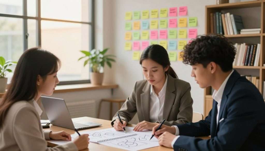 A serene study environment showcasing effective learning strategies. In the foreground, a diverse group of three students—two women and one man—dressed in professional business attire, engaged in deep discussion over a large notebook filled with diagrams and notes. The middle ground features an array of colorful sticky notes on a wall, categorized by different learning techniques like elaborative interrogation and deep processing. In the background, a large window lets in soft, warm natural light, illuminating a potted plant and a bookshelf filled with educational resources. The atmosphere is calm and focused, emphasizing collaboration and active learning, captured from a slight angle to highlight the students' expressions and the vibrant study space.