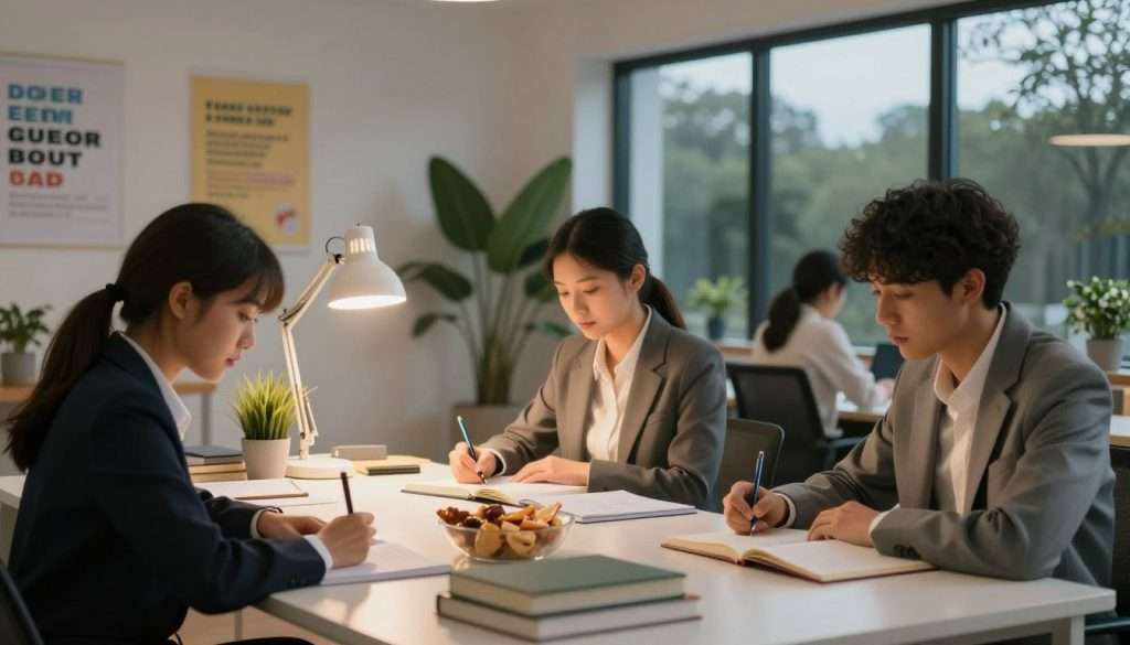 A serene study environment showcasing effective study habits for high-achieving students. In the foreground, a diverse group of three students, dressed in professional business attire, are engaged in focused study sessions at a modern, well-lit table filled with books, notebooks, and healthy snacks. In the middle, there are plants and motivational posters on the walls, along with a soft light illuminating the space from a stylish desk lamp. In the background, a large window reveals a tranquil outdoor setting with trees and blue skies, creating a peaceful atmosphere. The overall mood is inspiring and productive, with warm lighting to enhance the inviting vibe. A slight depth of field effect draws attention to the students while keeping the background softly blurred.
