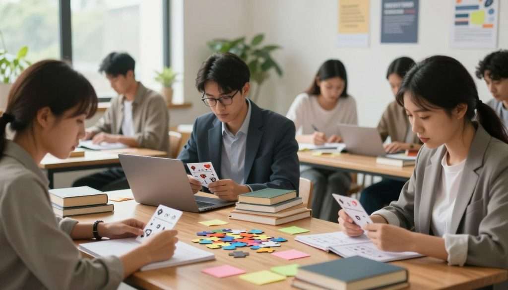 A serene study environment showcasing memory improvement exercises. In the foreground, a diverse group of focused individuals—two in professional business attire and one in modest casual clothing—are engaged in various study activities like using flashcards, solving puzzles, and discussing notes. In the middle ground, a wooden desk cluttered with books, a laptop, and colorful sticky notes suggests an organized but lively study routine. In the background, soft natural light filters through a large window, illuminating plants and motivational posters on the walls, creating a warm and inviting atmosphere. The scene captures the essence of productivity and teamwork in enhancing memory, with a slight depth of field to emphasize the engaged individuals. The overall mood is inspiring and dynamic, evoking a sense of achievement and dedication to learning.