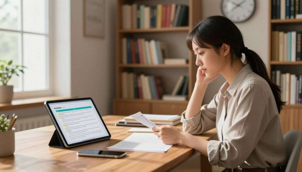 A serene study room filled with bookshelves lined with colorful books, a large wooden desk in the foreground with a digital tablet displaying spaced repetition flashcards and notes. A thoughtful person, a young woman in modest professional attire, is sitting at the desk, reviewing her cards with a focused expression. Soft, warm natural lighting filters in through a large window, casting gentle shadows and creating an inviting atmosphere. In the background, a wall clock is visible, emphasizing the concept of time management in learning. The overall mood is calm and focused, highlighting the importance of using memory techniques effectively. The scene is well-composed with a slightly blurred background for depth, inviting viewers to immerse themselves in the process of learning.