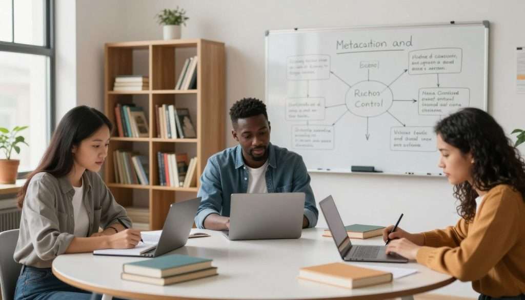 A serene study room setting with soft, natural lighting filtering through a window. In the foreground, a diverse group of three people – a woman of Asian descent, a Black man, and a Hispanic woman – are engaged in self-regulated learning activities. They are seated at a round table, surrounded by books, notebooks, and digital devices, all wearing smart-casual clothing. In the middle ground, a whiteboard displays mind maps and key concepts related to metacognition and cognitive control, symbolizing organization and focus. The background features a calming, organized library shelf filled with educational materials. The atmosphere evokes a sense of collaboration, concentration, and inspiration, emphasizing the power of self-regulated learning routines. A serene study room setting with soft, natural lighting filtering through a window. In the foreground, a diverse group of three people – a woman of Asian descent, a Black man, and a Hispanic woman – are engaged in self-regulated learning activities. They are seated at a round table, surrounded by books, notebooks, and digital devices, all wearing smart-casual clothing. In the middle ground, a whiteboard displays mind maps and key concepts related to metacognition and cognitive control, symbolizing organization and focus. The background features a calming, organized library shelf filled with educational materials. The atmosphere evokes a sense of collaboration, concentration, and inspiration, emphasizing the power of self-regulated learning routines.