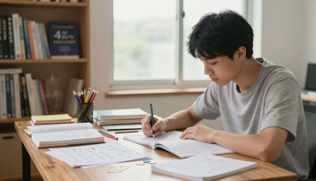 A serene study scene featuring a young adult of Asian descent, sitting at a wooden desk cluttered with math textbooks, notes, and colorful stationary, deeply focused on solving a complex problem. The foreground shows neatly arranged mathematical symbols and geometric shapes. In the middle, a large window lets in soft, natural light, illuminating the workspace and creating a calm atmosphere. The background reveals a well-organized bookshelf filled with additional resources and motivational posters related to math. The overall mood is inviting and productive, suggesting a disciplined yet enjoyable study routine. The image should be captured with a shallow depth of field to emphasize the subject and workspace, using warm lighting to enhance the cozy study environment.