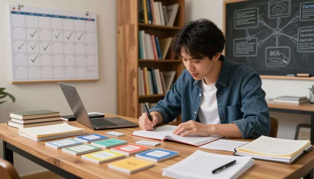 A serene study space depicting a blend of active recall and spaced repetition techniques. In the foreground, a wooden desk cluttered with colorful flashcards and neatly organized notes, symbolizing active engagement. In the middle, a person in smart casual attire, seated at the desk, focused on reviewing the materials; their expression shows determination and enthusiasm. Around them, a wall-mounted calendar highlights spaced repetition schedules with check-marked dates. The background features bookshelves filled with various texts and a chalkboard with mind maps illustrating concepts tied to learning. Soft, warm lighting illuminates the scene, creating an inviting atmosphere that promotes concentration and productivity. The angle captures the essence of learning and memory enhancement, inspiring a sense of achievement in education. A serene study space depicting a blend of active recall and spaced repetition techniques. In the foreground, a wooden desk cluttered with colorful flashcards and neatly organized notes, symbolizing active engagement. In the middle, a person in smart casual attire, seated at the desk, focused on reviewing the materials; their expression shows determination and enthusiasm. Around them, a wall-mounted calendar highlights spaced repetition schedules with check-marked dates. The background features bookshelves filled with various texts and a chalkboard with mind maps illustrating concepts tied to learning. Soft, warm lighting illuminates the scene, creating an inviting atmosphere that promotes concentration and productivity. The angle captures the essence of learning and memory enhancement, inspiring a sense of achievement in education.