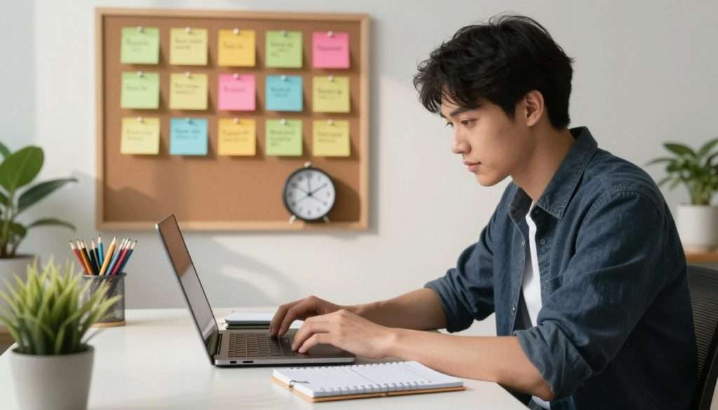 A serene study space depicting effective time management skills to combat procrastination. In the foreground, a focused young adult is seated at a neatly organized desk, working on a laptop, with a planner open to a well-structured schedule. The person is dressed in smart casual attire, exuding a sense of determination. In the middle ground, colorful sticky notes with motivational reminders are pinned to a corkboard, while a small clock ticks softly nearby, symbolizing the passage of time. The background features soft, diffused lighting casting gentle shadows, creating a calm yet productive atmosphere. A few indoor plants add a touch of nature, enhancing the overall mood of focus and clarity. A serene study space depicting effective time management skills to combat procrastination. In the foreground, a focused young adult is seated at a neatly organized desk, working on a laptop, with a planner open to a well-structured schedule. The person is dressed in smart casual attire, exuding a sense of determination. In the middle ground, colorful sticky notes with motivational reminders are pinned to a corkboard, while a small clock ticks softly nearby, symbolizing the passage of time. The background features soft, diffused lighting casting gentle shadows, creating a calm yet productive atmosphere. A few indoor plants add a touch of nature, enhancing the overall mood of focus and clarity.