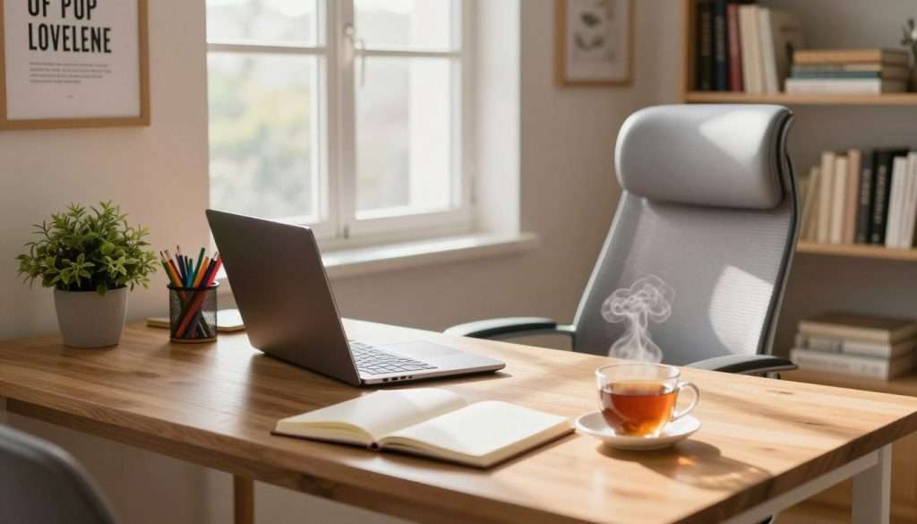 A serene study space designed for optimal focus, featuring a clean, organized wooden desk with a sleek laptop, colorful stationery, and a potted plant for a touch of nature. In the foreground, an open notebook rests next to a steaming cup of herbal tea, hinting at productivity and calm. The middle ground showcases a comfortable ergonomic chair positioned perfectly under a large window, allowing natural light to flood in, creating a warm, inviting atmosphere. Soft shadows play across the room, enhancing focus. In the background, motivational art hangs on pastel walls, and bookshelves line the walls, filled with neatly organized books, adding an intellectual vibe. The overall mood is peaceful yet energizing, encouraging concentration and creativity. The image is lit with soft, diffused lighting to create a relaxing yet stimulating environment, capturing the essence of a perfect study setting. A serene study space designed for optimal focus, featuring a clean, organized wooden desk with a sleek laptop, colorful stationery, and a potted plant for a touch of nature. In the foreground, an open notebook rests next to a steaming cup of herbal tea, hinting at productivity and calm. The middle ground showcases a comfortable ergonomic chair positioned perfectly under a large window, allowing natural light to flood in, creating a warm, inviting atmosphere. Soft shadows play across the room, enhancing focus. In the background, motivational art hangs on pastel walls, and bookshelves line the walls, filled with neatly organized books, adding an intellectual vibe. The overall mood is peaceful yet energizing, encouraging concentration and creativity. The image is lit with soft, diffused lighting to create a relaxing yet stimulating environment, capturing the essence of a perfect study setting.